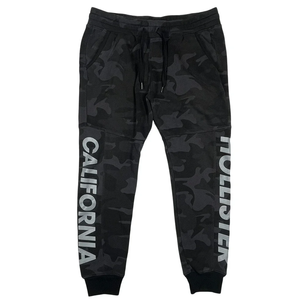 Hollister Joggers Mens M Black Gray Camo Reflective Graphic Fleece Sweatpant